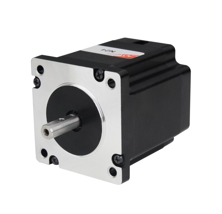 Front angled view of a Nema 23 stepper motor with metal shaft and black square housing
