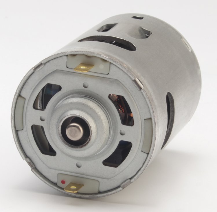 12V DC gear motor with cylindrical metal housing and front shaft opening