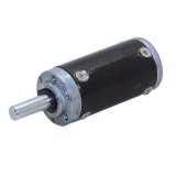 Small planetary gearbox with cylindrical black housing and front output shaft