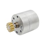 Compact reduction gear motor with cylindrical metal body and brass pinion gear